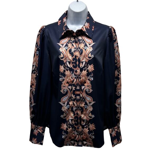 New! Boston Proper Women’s Sz M Button Up Long Sleeve Paisley Print Blouse, V574 - Picture 1 of 16